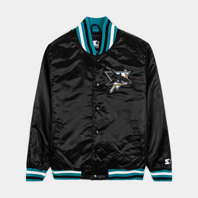 Exclusive San Jose Sharks Satin Bomber Mens Jacket (Black/Blue)