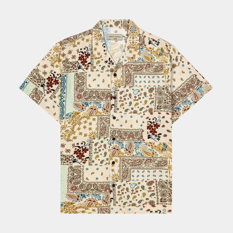 Rose Paisley Rayon Mens Short Sleeve Shirt (Tan/Multi)