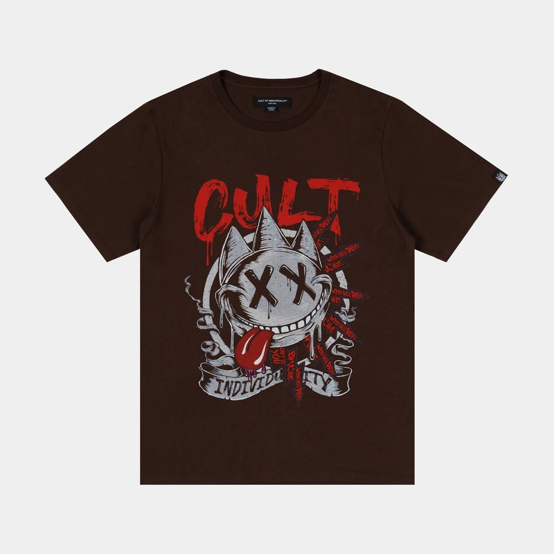 Zany Cult Face Mens Short Sleeve Shirt (Brown/Red)