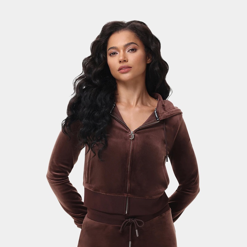 OG Bling Velour Full Zip Womens Hoodie (Dark Brown)