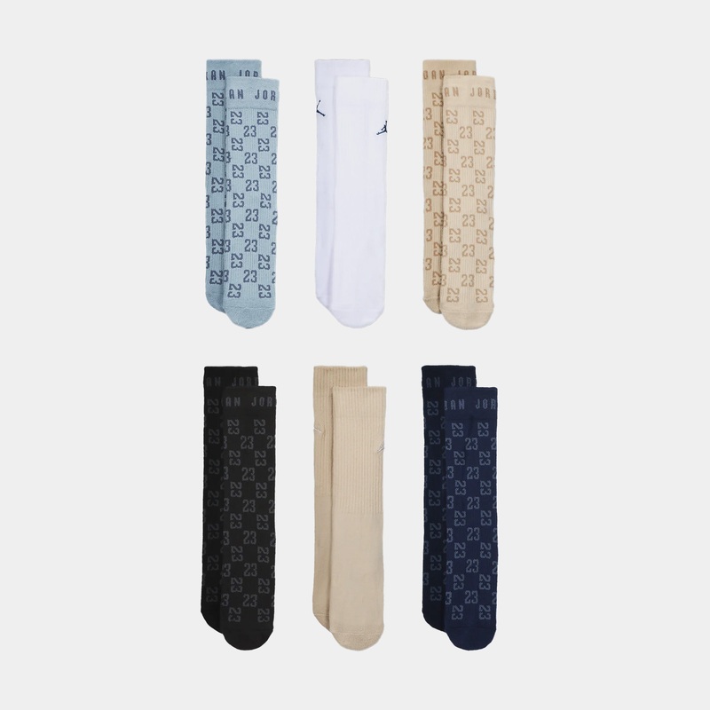 6 Pack Monogram Essentials Crew Grade School Socks (Blue/Beige)
