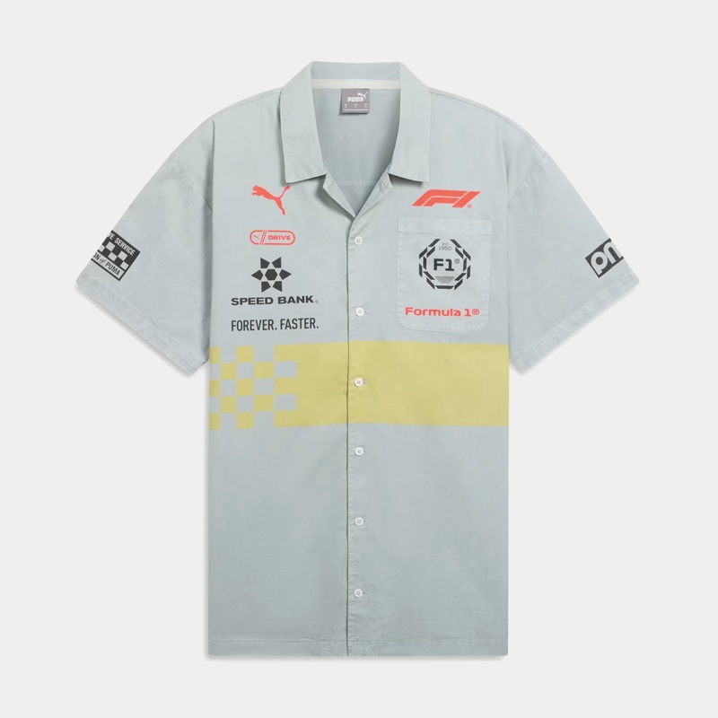 F1 Motorsport Racing Button Up Mens Short Sleeve Shirt (Grey/Red)