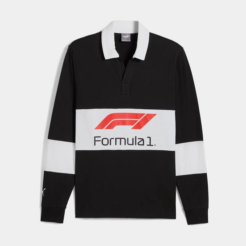 F1 Motorsport Rugby Polo Mens Long Sleeve Shirt (Black/White)
