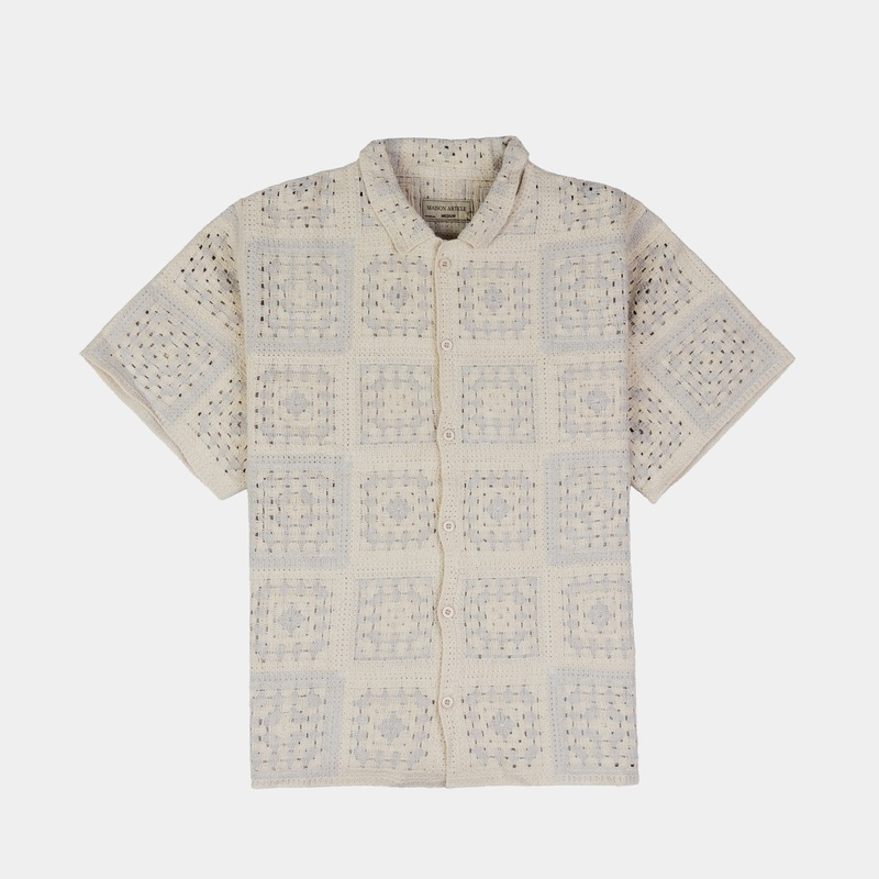 Quilt Crochet Mens Short Sleeve Shirt (Tan/White)