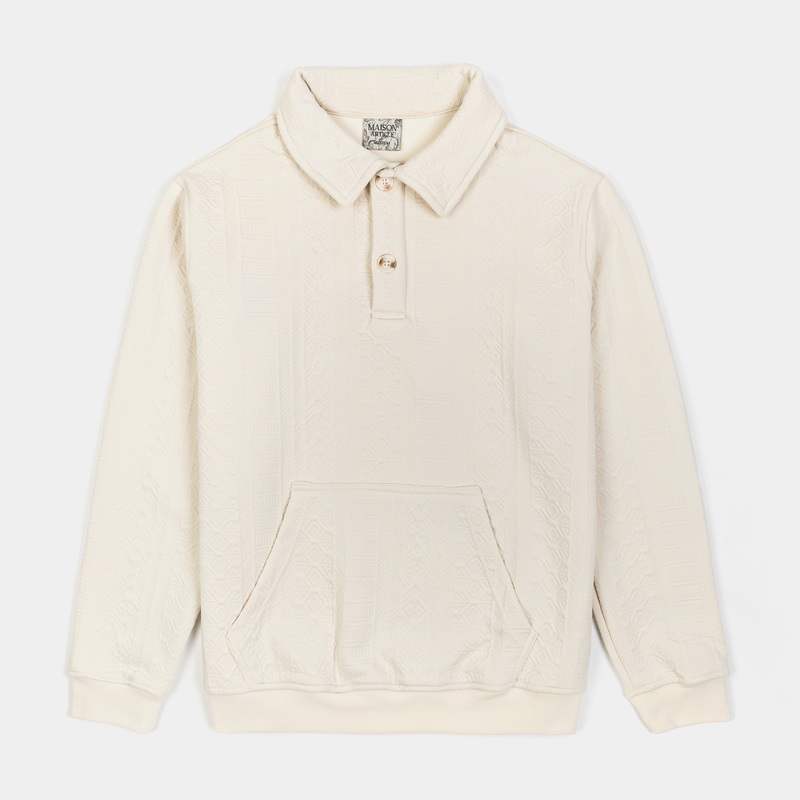 Jacquard Knit Polo Mens Long Sleeve Shirt (Beige)