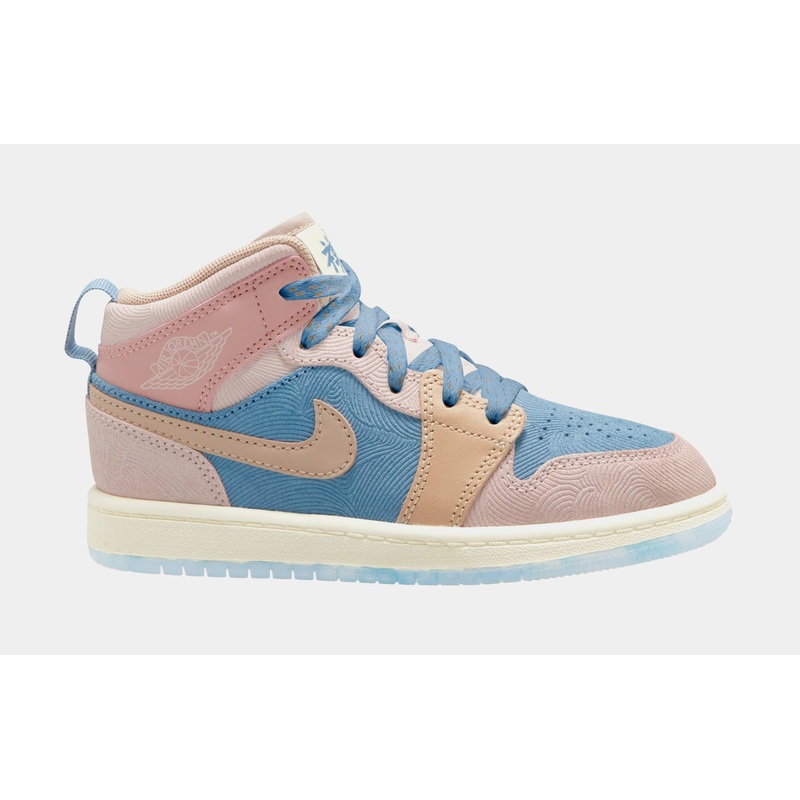 Air Jordan 1 Retro Mid Sneaker School Preschool Lifestyle Shoes (Aegean Storm/Hemp/Pink Oxford)