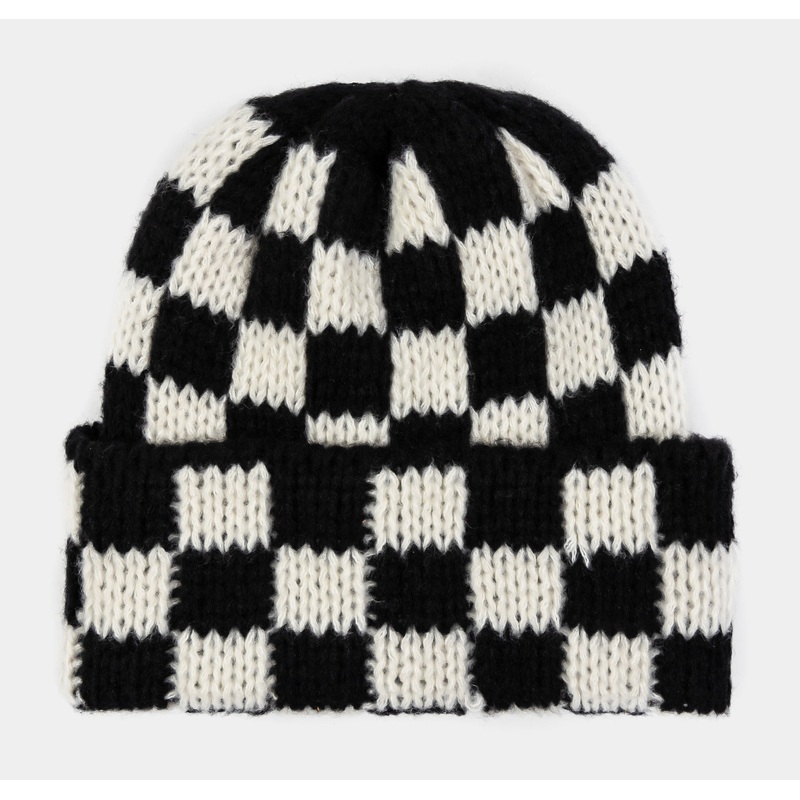Checkered Knit Beanie Mens Hat (Black/White)