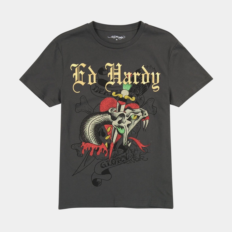 Dagger Snake Rhinestone Mens Short Sleeve Shirt (Grey/Yellow)