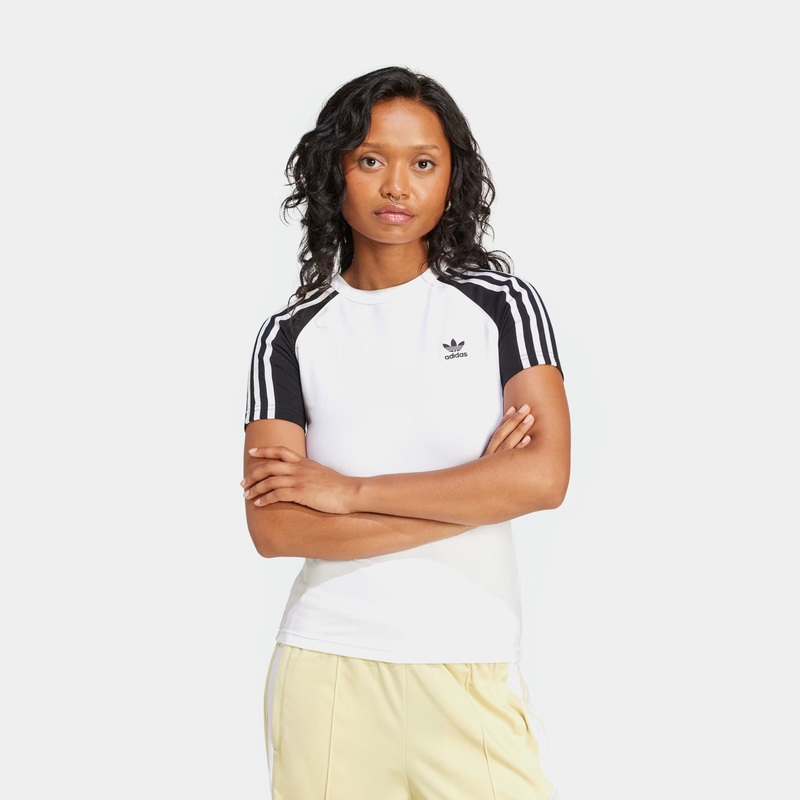 Adicolor 3 Stripes Raglan Slim Womens Short Sleeve Shirt (Black/White)