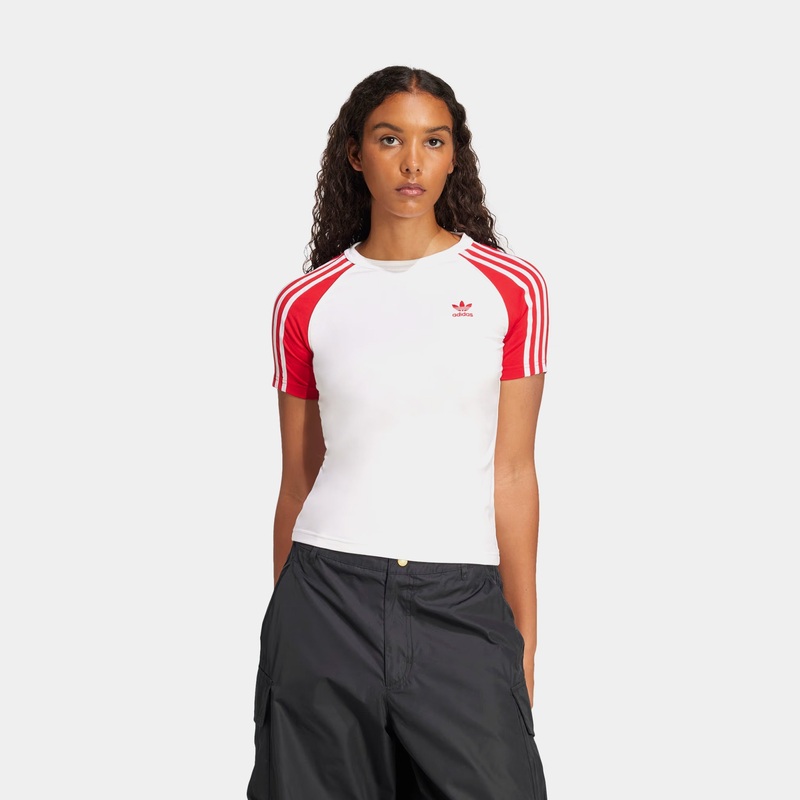 Adicolor 3 Stripes Raglan Slim Womens Short Sleeve Shirt (White/Red)
