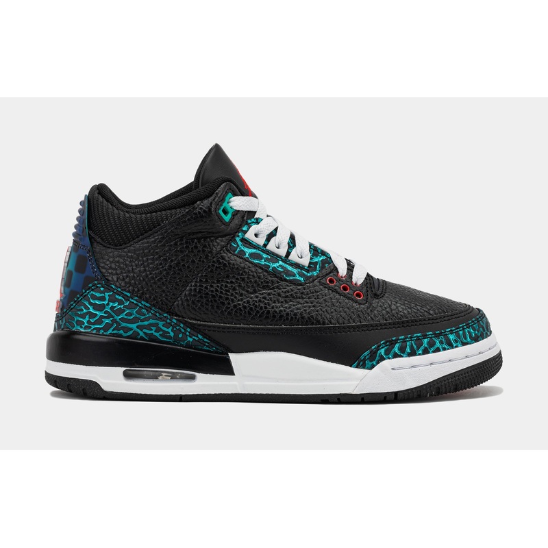 Air Jordan 3 Retro Black and Hyper Jade Grade School Lifestyle Shoes (Black/Siren Red/Hyper Jade/White)