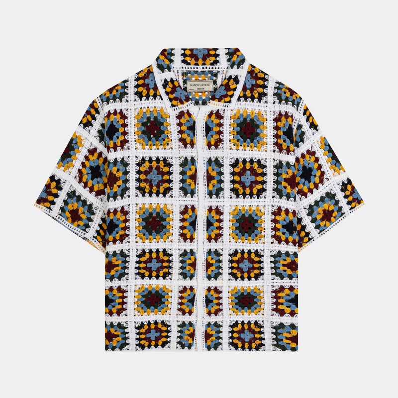 Crochet Shirt Mens Button Up (Yellow/White)