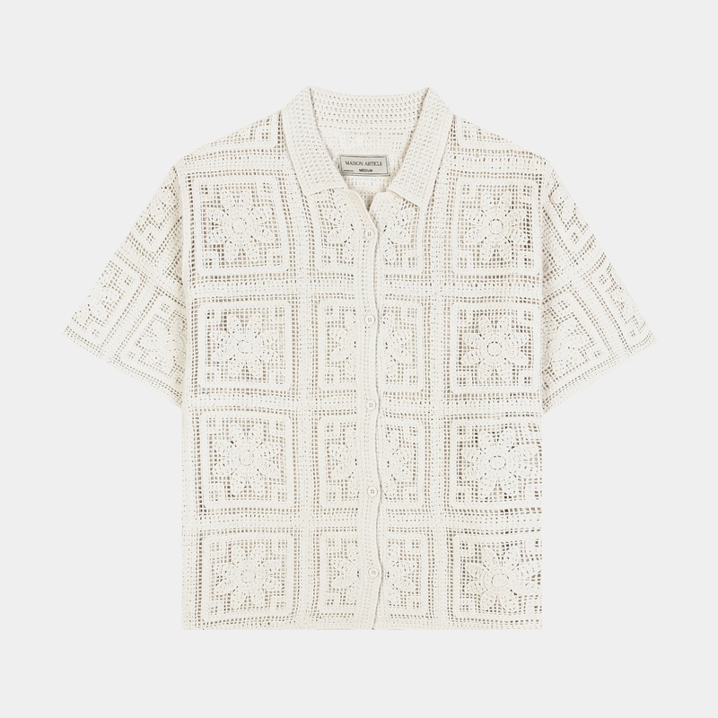 Flower Crochet Button Up Mens Short Sleeve Shirt (Beige)