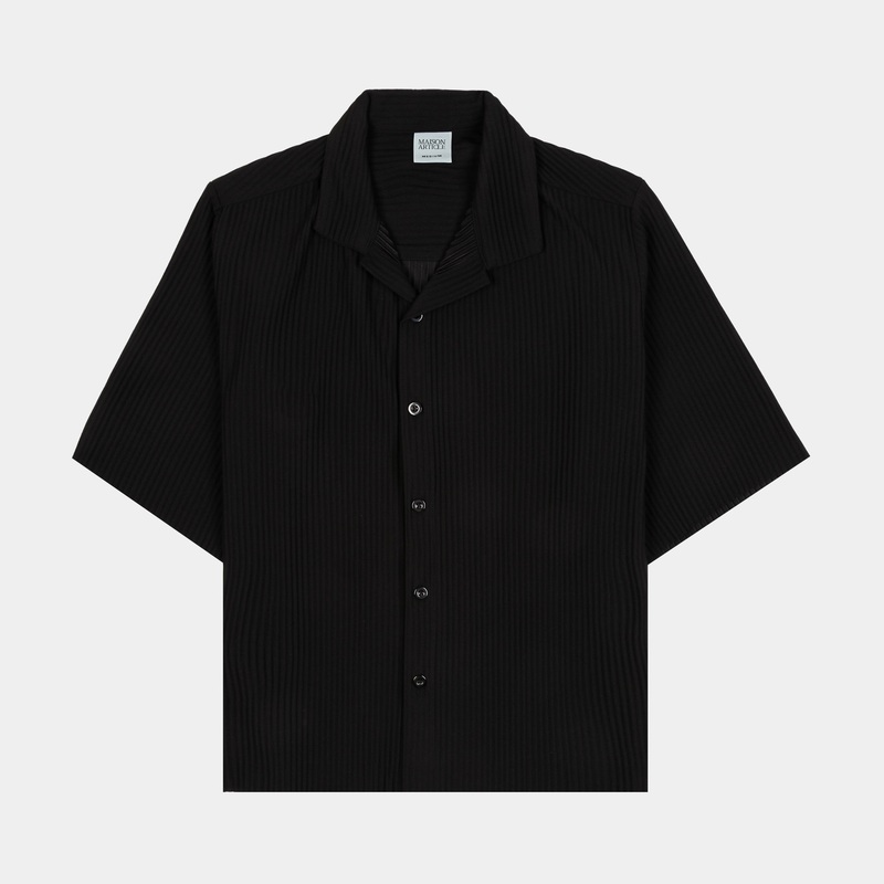 Pleated Button Up Mens Short Sleeve Shirt (Black)