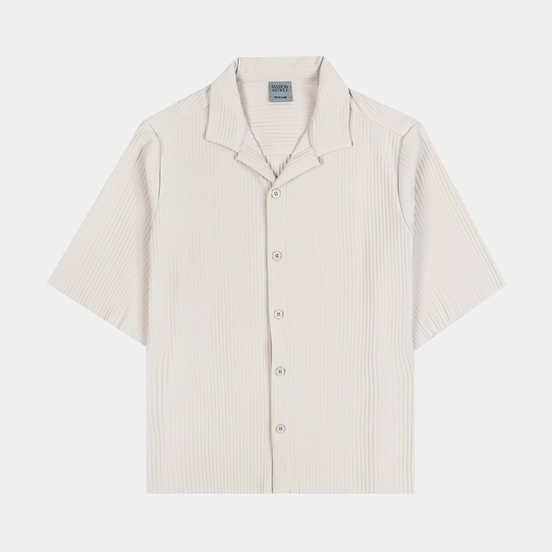 Pleated Button Up Mens Short Sleeve Shirt (Cream)