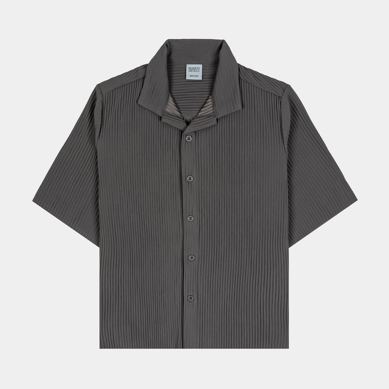 Pleated Button Up Mens Short Sleeve Shirt (Grey)