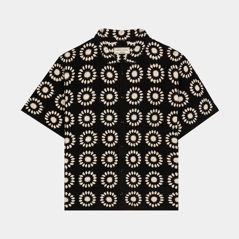 Sunflower Crochet Button Up Mens Shirt (Black/White)