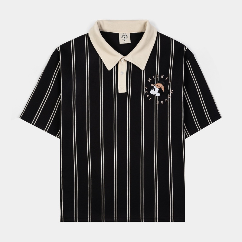 Disney Mickey Mouse Real Life By  Striped Polo Mens Short Sleeve Shirt (Black/Beige)